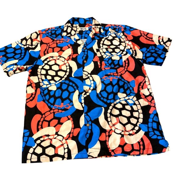 Uzzi Mens Large Button-Up Hawaiian Shirt With Abstract Turtle Shell Print In Red - Picture 1 of 6